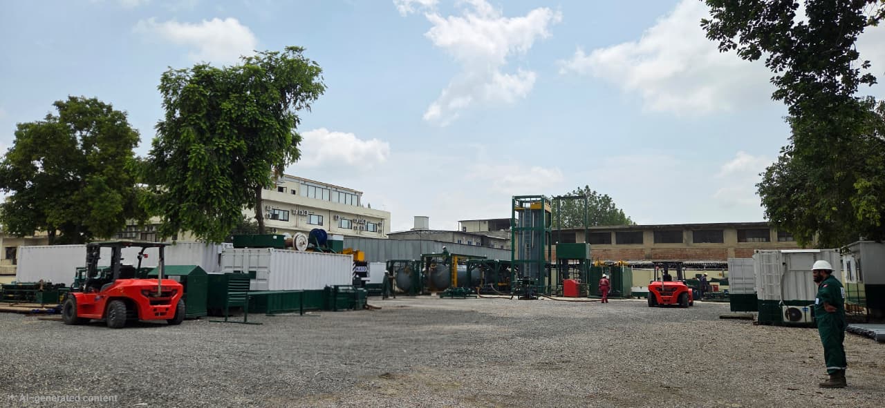 ETS operations yard with forklifts handling equipment and crew at work